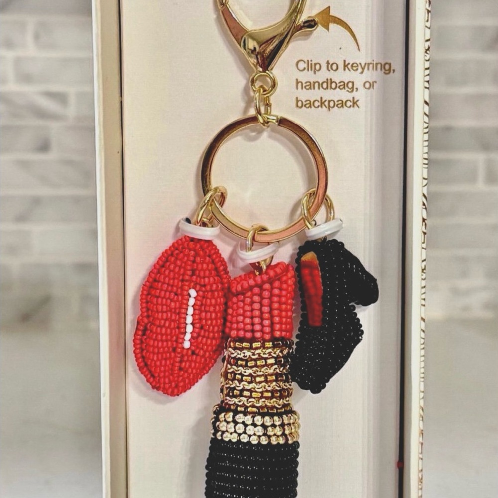 Beaded Lipstick, Red Lips, High Heel Keychain with Red and Gold Accents